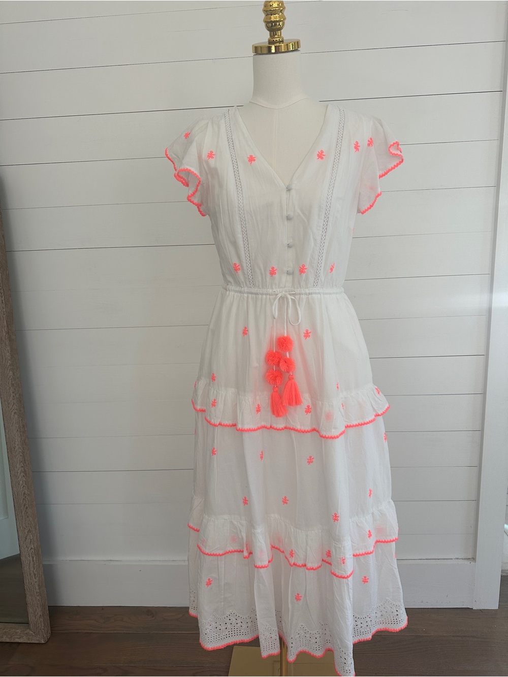 J. Crew White Maxi Dress with Neon Orange Tassel Embroidery